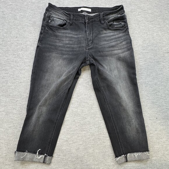 KanCan Womens Faded Black Denim Straight Cropped Jeans Capris Rolled Cuffs Sz 30 - Picture 1 of 14